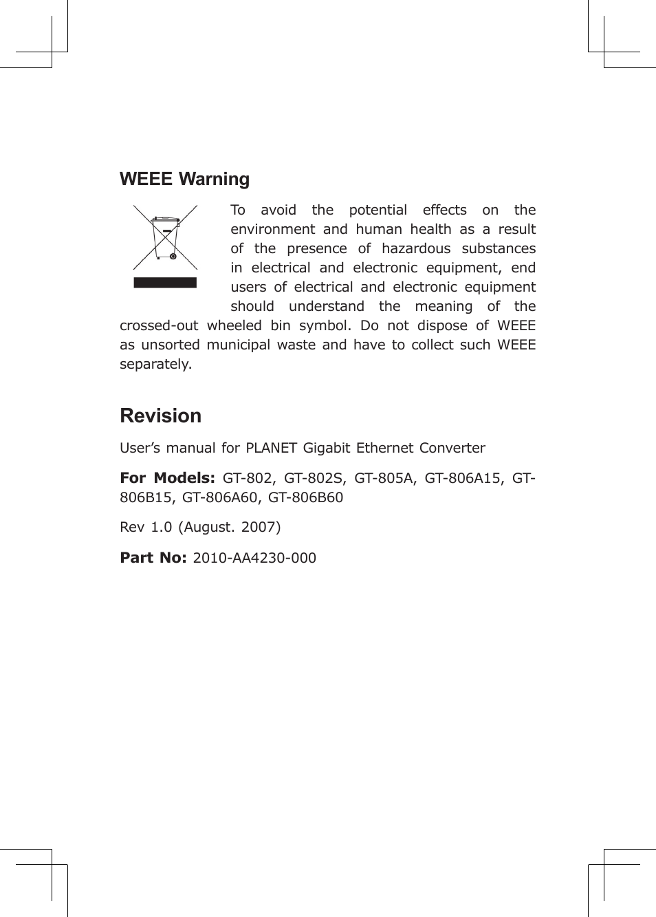 Revision, Weee warning | Planet Technology GT-80X User Manual | Page 4 / 25