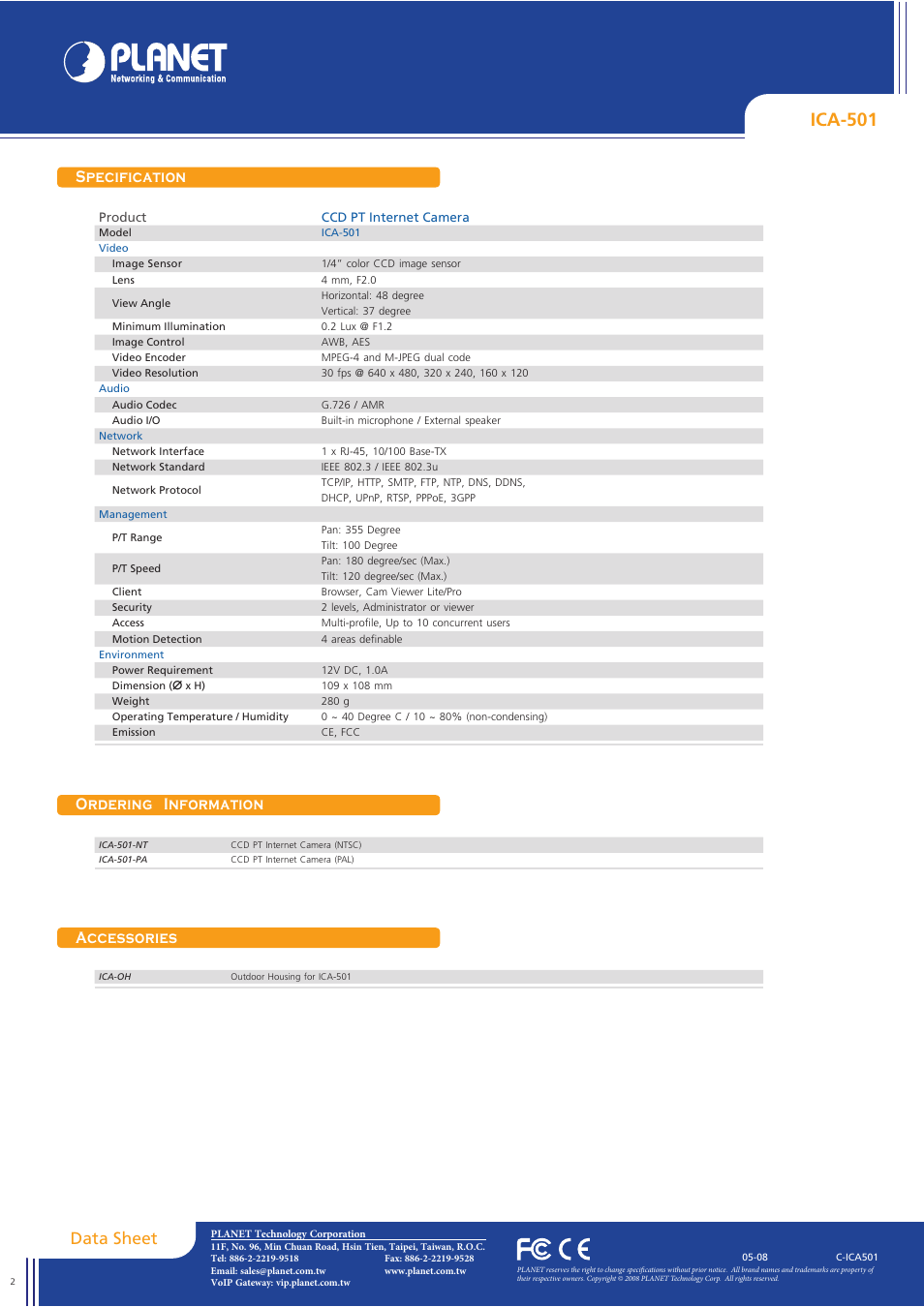 Ica-501, Data sheet, Specification ordering information | Accessories | Planet Technology ICA-501 User Manual | Page 2 / 2