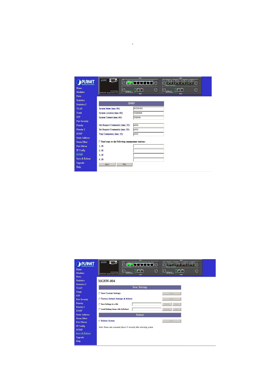 17 snmp, 18 save & reboot | Planet Technology MGSW-004 User Manual | Page 29 / 33