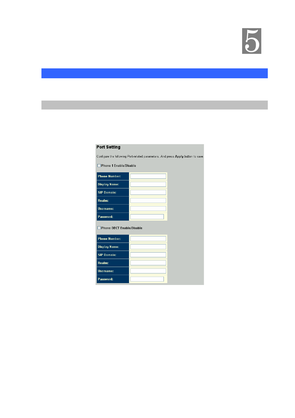 Chapter 5 system configurations, Voip settings, Port setting | Chapter 5, System configurations | Planet Technology VIP-462DG User Manual | Page 25 / 44