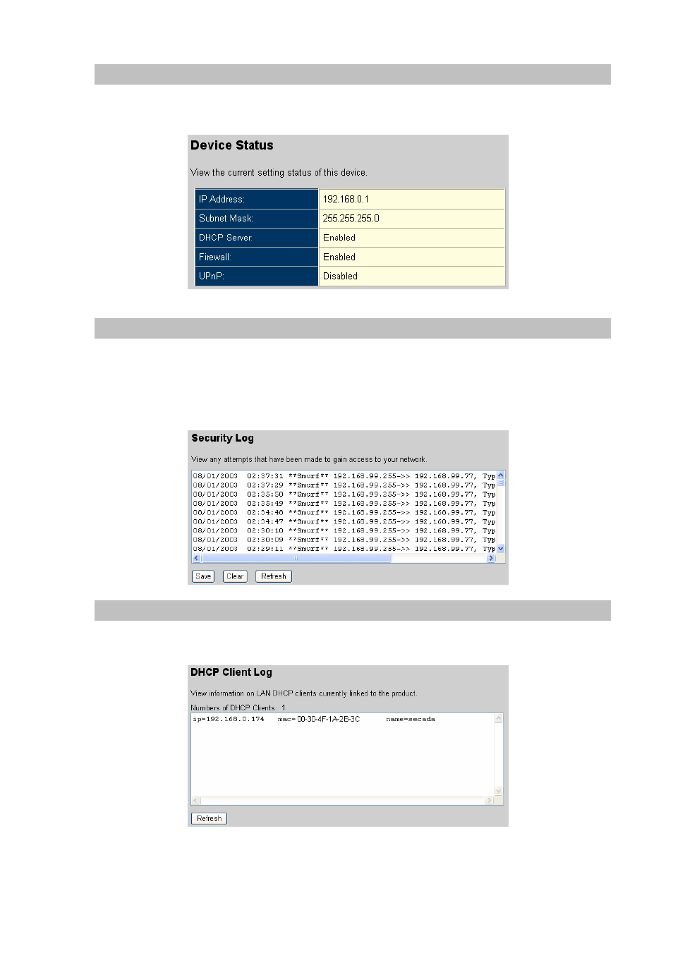 Device status, Security log, Dhcp clinet log | Planet Technology VIP-462DG User Manual | Page 42 / 44