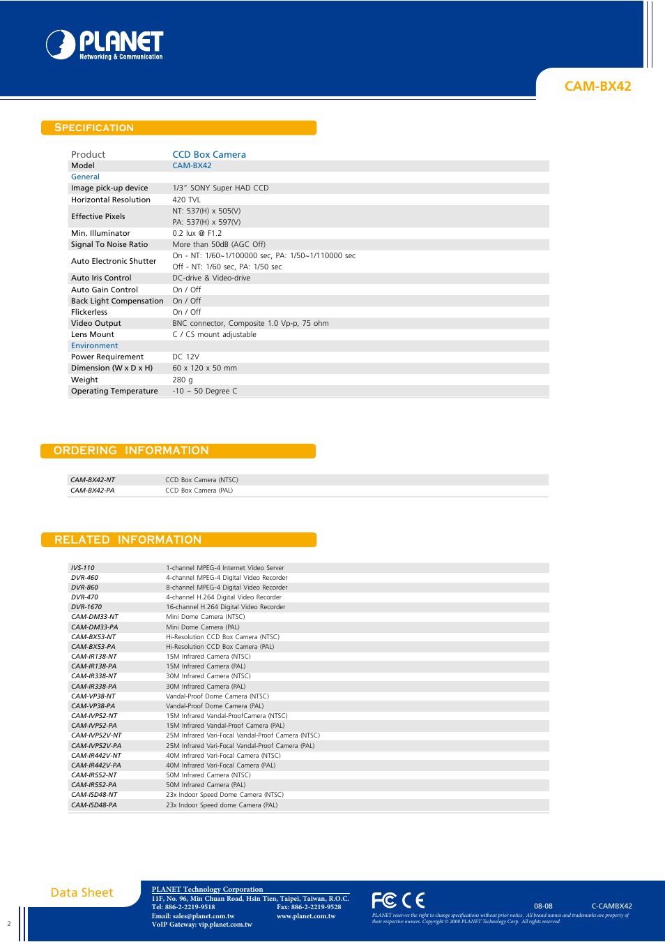 Cam-bx42, Data sheet, Specification ordering information | Related information | Planet Technology CAM-BX42 User Manual | Page 2 / 2