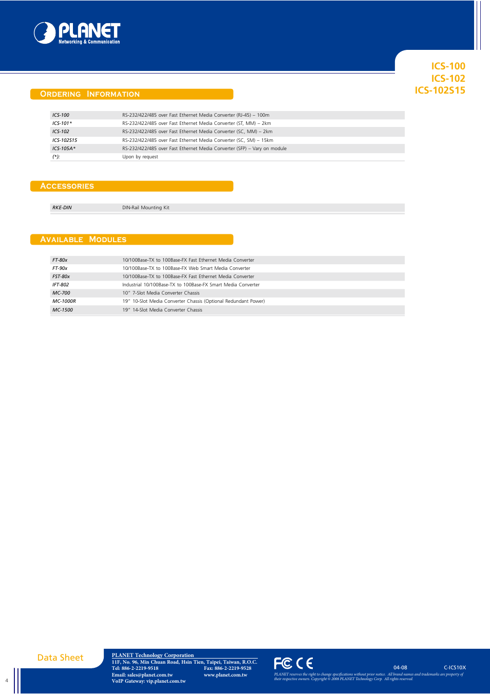 Data sheet, Ordering information, Available modules | Accessories | Planet Technology 170S8FB User Manual | Page 4 / 4