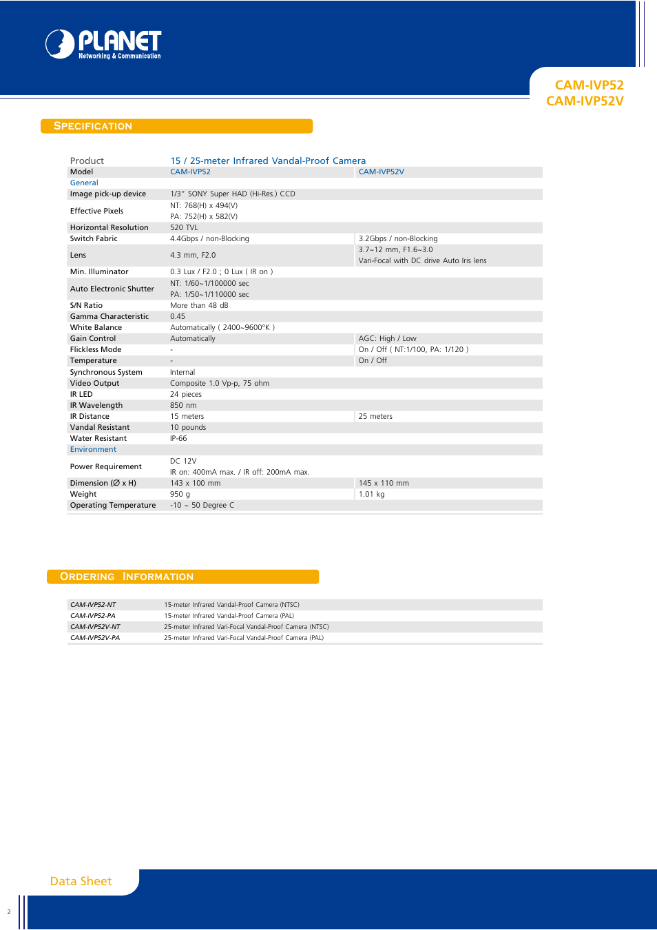 Cam-ivp52 cam-ivp52v, Data sheet, Specification | Ordering information | Planet Technology CAM-IVP52 User Manual | Page 2 / 3