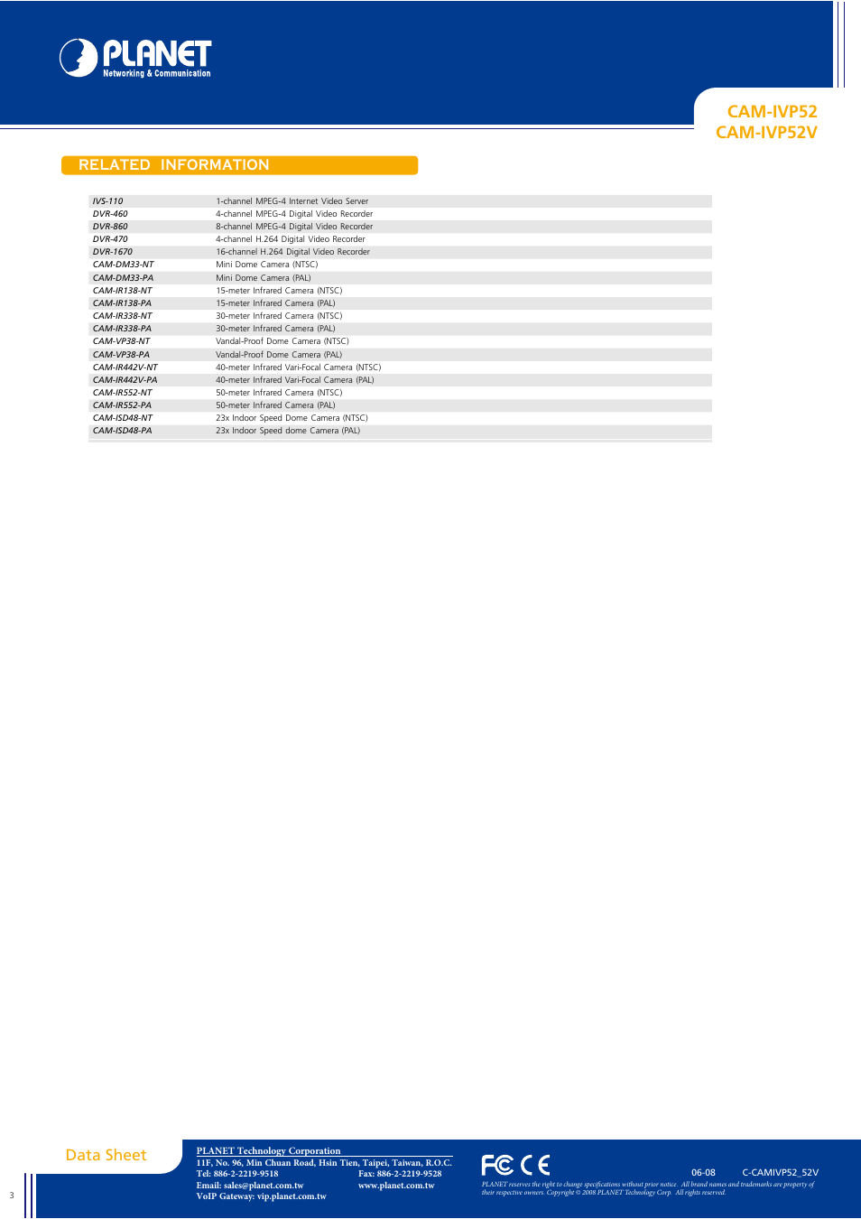 Cam-ivp52 cam-ivp52v, Data sheet, Related information | Planet Technology CAM-IVP52 User Manual | Page 3 / 3