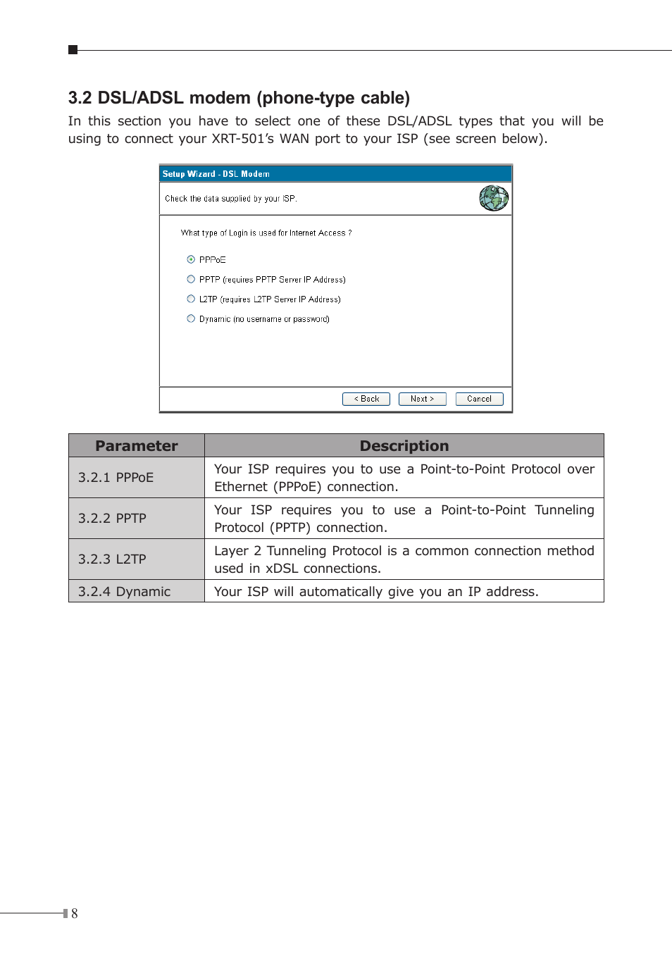 2 dsl/adsl modem (phone-type cable) | Planet Technology XRT-501 User Manual | Page 8 / 16