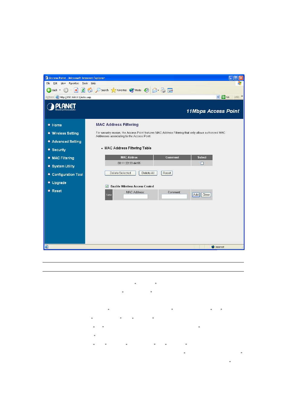 6 mac filtering | Planet Technology Wireless Access Point w/Bridge WAP-1963A User Manual | Page 31 / 41