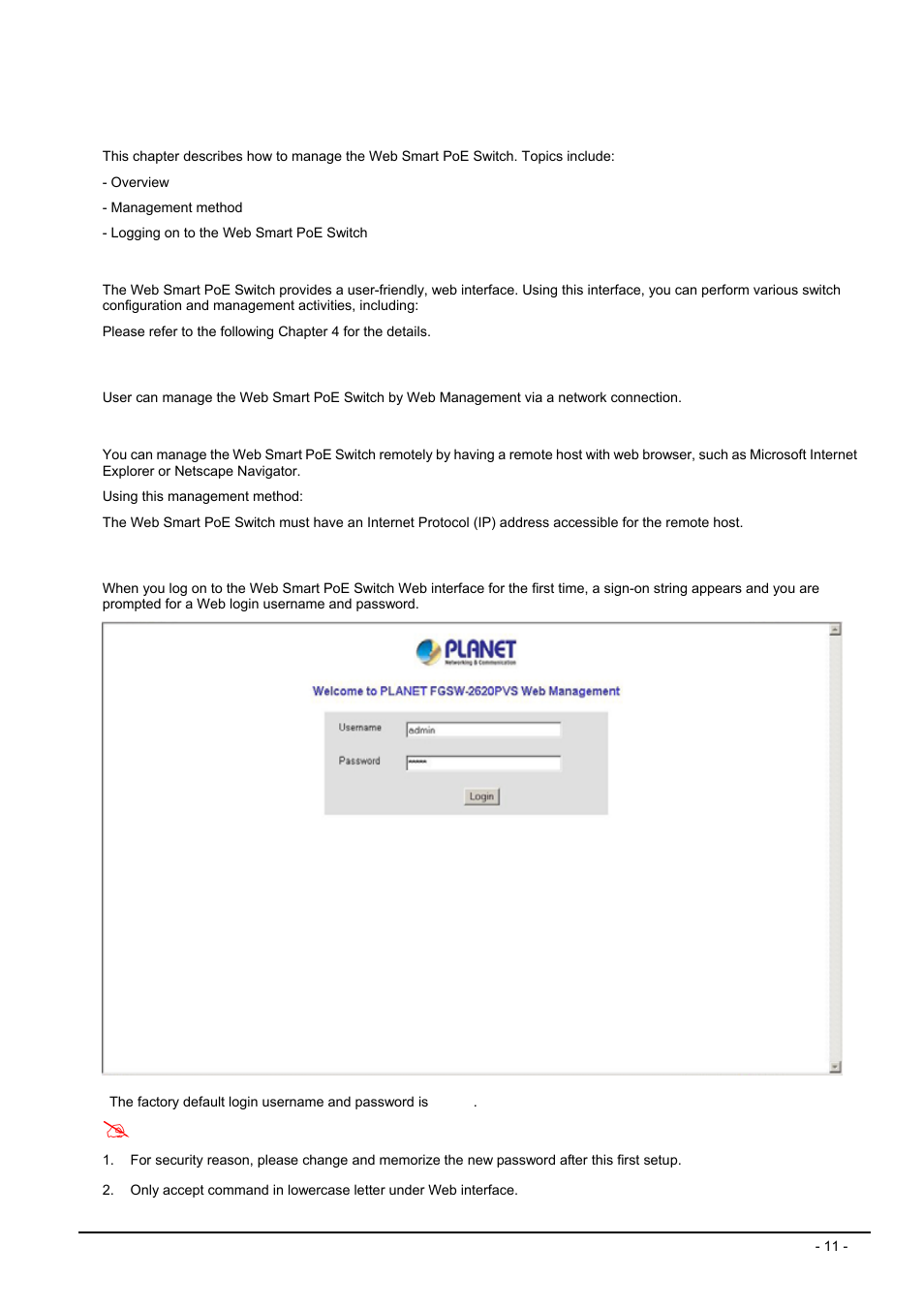 Switch management, 1 overview, 2 management method | 1 web management, 3 logging on to the fgsw-2620pvs / fgsw-2612pvs, Verview, Anagement, Ethod, Ogging on to the, Fgsw-2620pvs | Planet Technology FGSW-2612PVS User Manual | Page 11 / 67