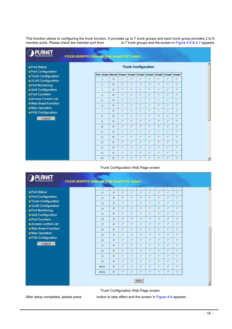 4 trunk configuration, Runk configuration | Planet Technology FGSW-2612PVS User Manual | Page 16 / 67