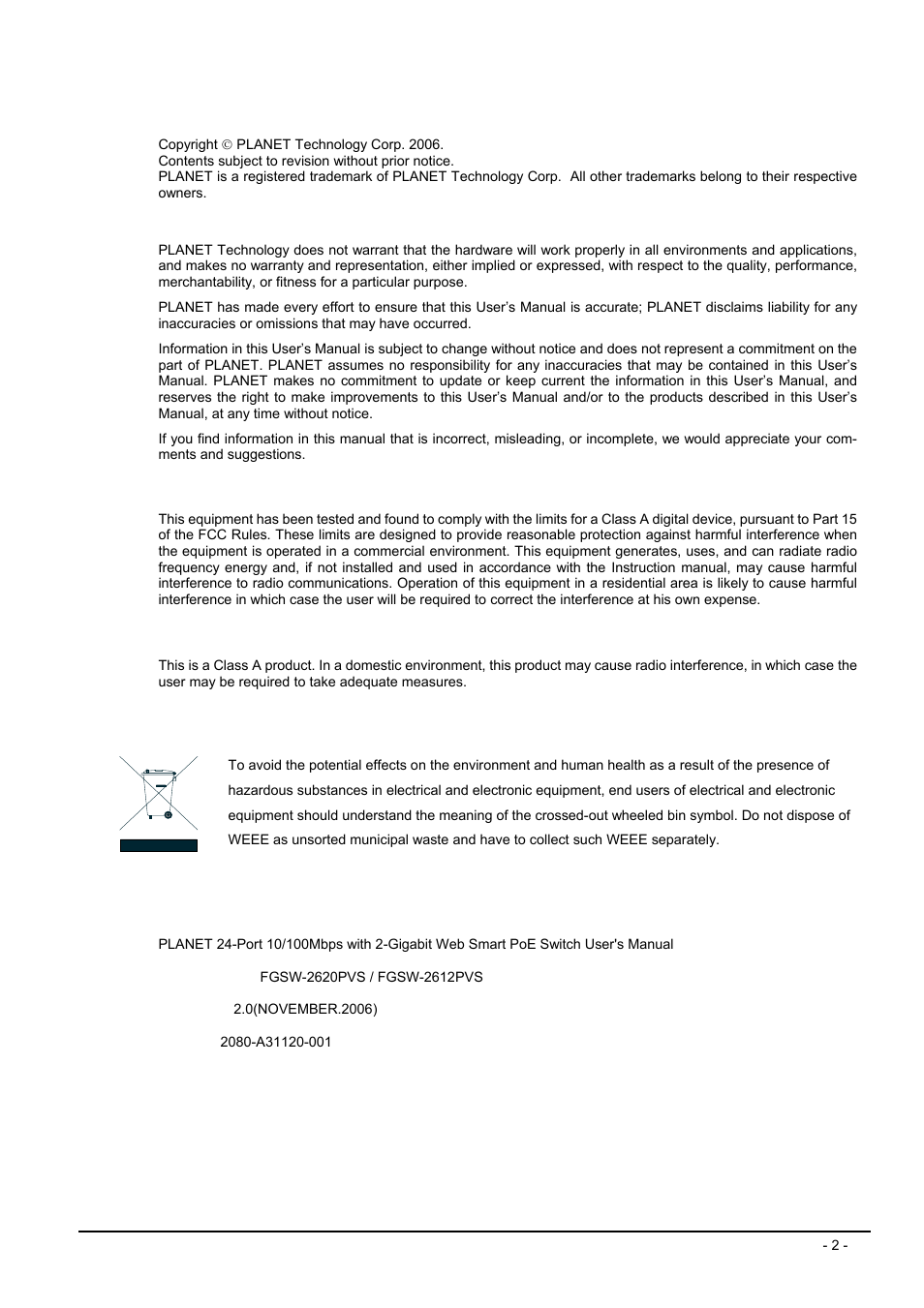 Trademarks, Disclaimer, Fcc warning | Ce mark warning, Weee warning, Revision | Planet Technology FGSW-2612PVS User Manual | Page 2 / 67