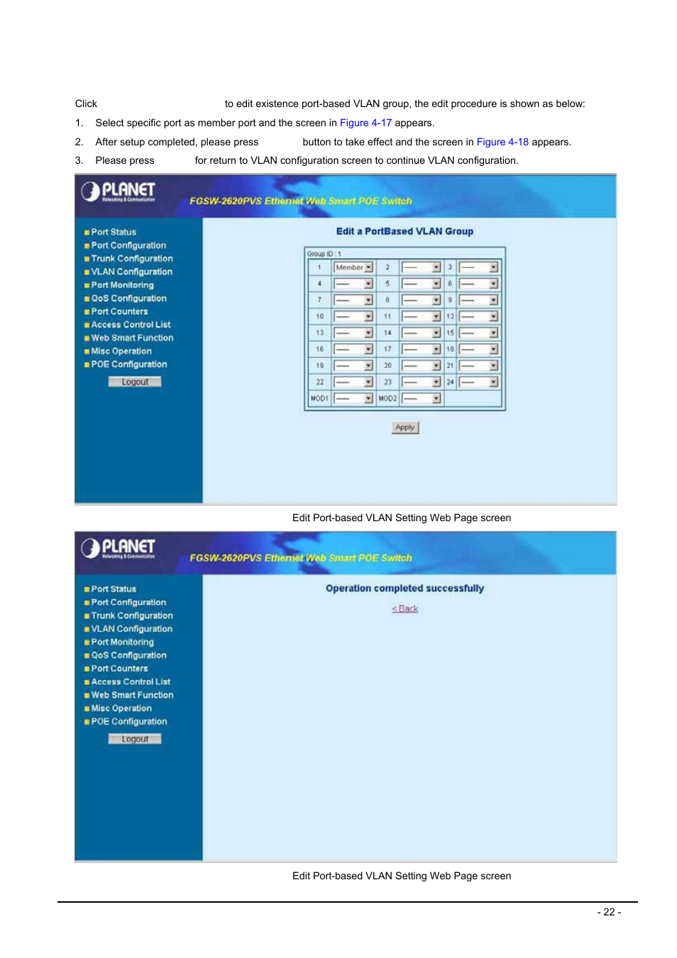 2 edit existence port-based vlan group | Planet Technology FGSW-2612PVS User Manual | Page 22 / 67