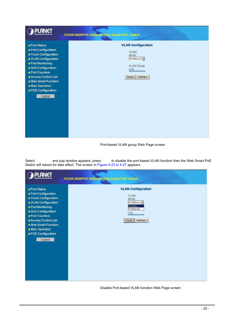 4 disable port-based vlan function | Planet Technology FGSW-2612PVS User Manual | Page 25 / 67