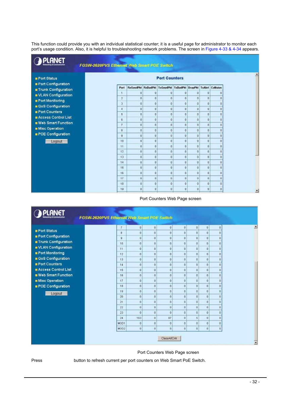 8 port counters, Ort counters | Planet Technology FGSW-2612PVS User Manual | Page 32 / 67