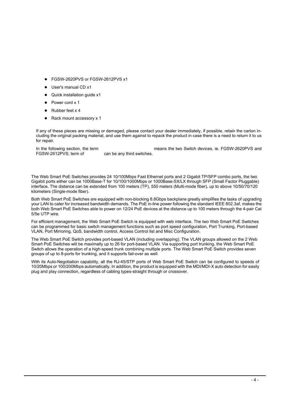 Introduction, 1 checklist, 2 about the switch | Hecklist, Bout the, Witch | Planet Technology FGSW-2612PVS User Manual | Page 4 / 67