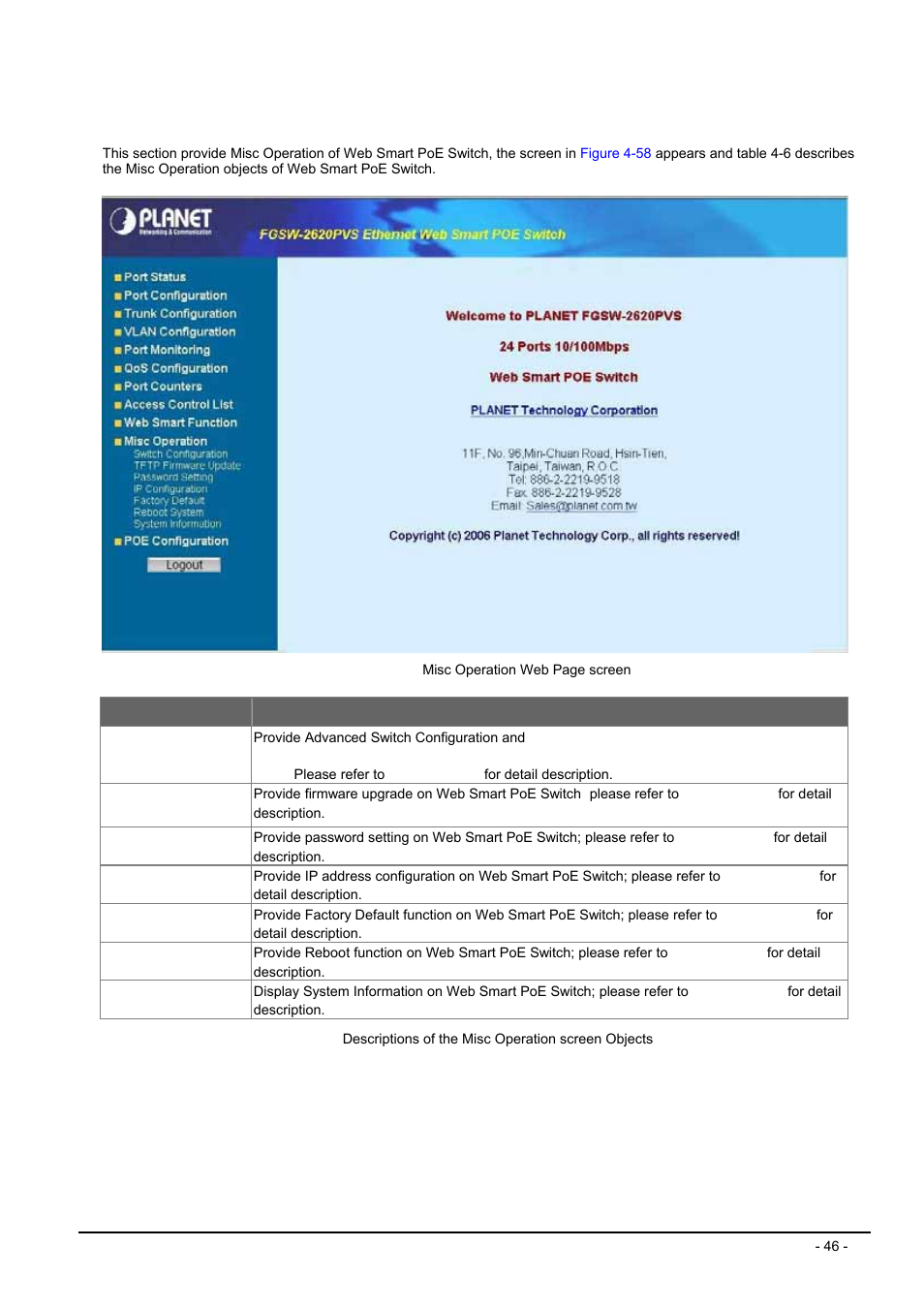 11 misc operation, Peration | Planet Technology FGSW-2612PVS User Manual | Page 46 / 67