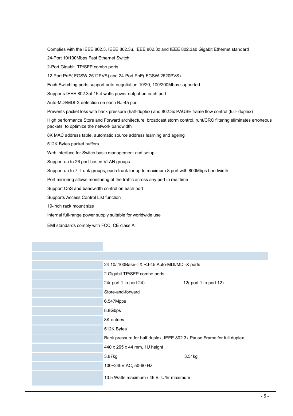 3 features, 4 specification, Eatures | Pecification | Planet Technology FGSW-2612PVS User Manual | Page 5 / 67