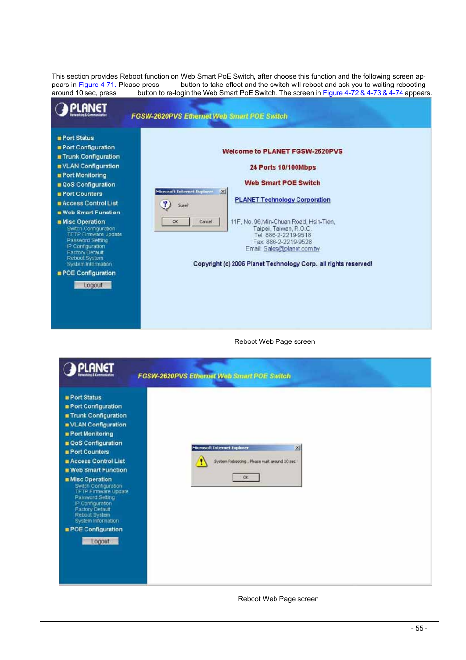 Reboot system | Planet Technology FGSW-2612PVS User Manual | Page 55 / 67