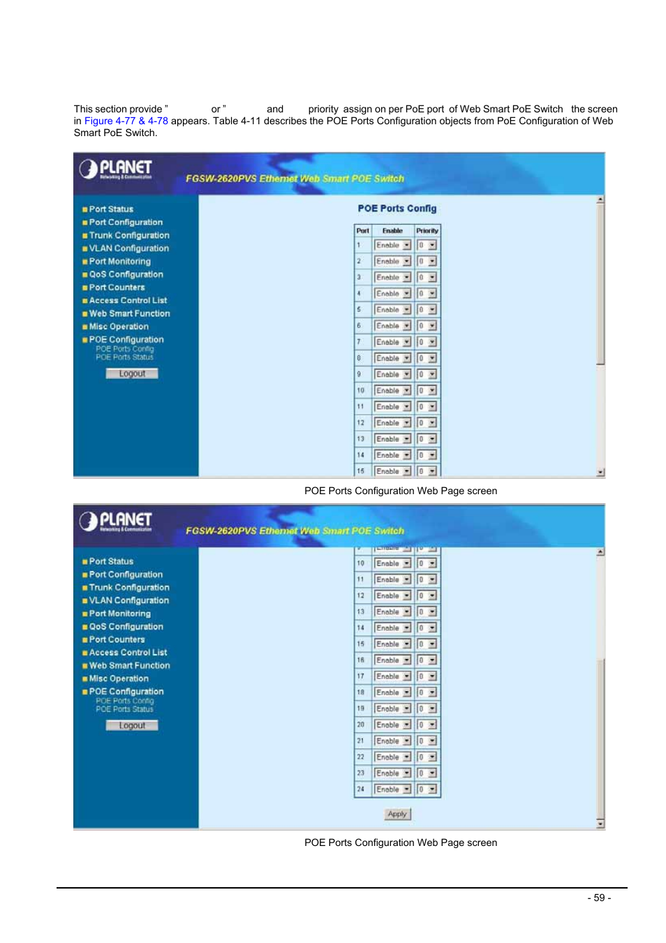 1 poe ports config | Planet Technology FGSW-2612PVS User Manual | Page 59 / 67