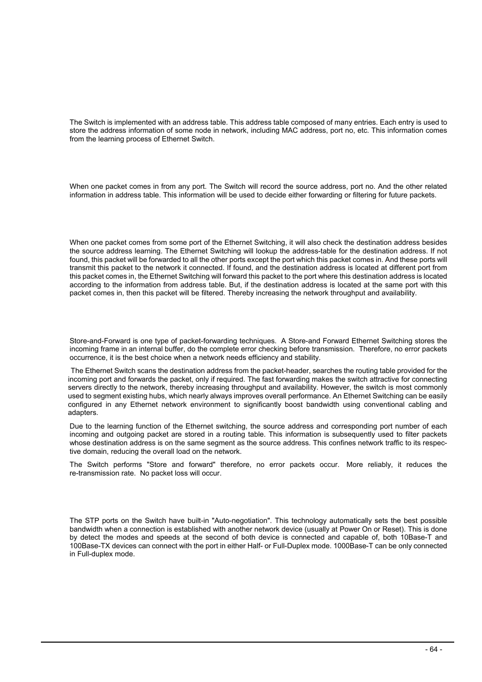 Switch operation, 1 address table, 2 learning | 3 forwarding & filtering, 4 store-and-forward, 5 auto-negotiation, Ddress, Able, Earning, Orwarding | Planet Technology FGSW-2612PVS User Manual | Page 64 / 67