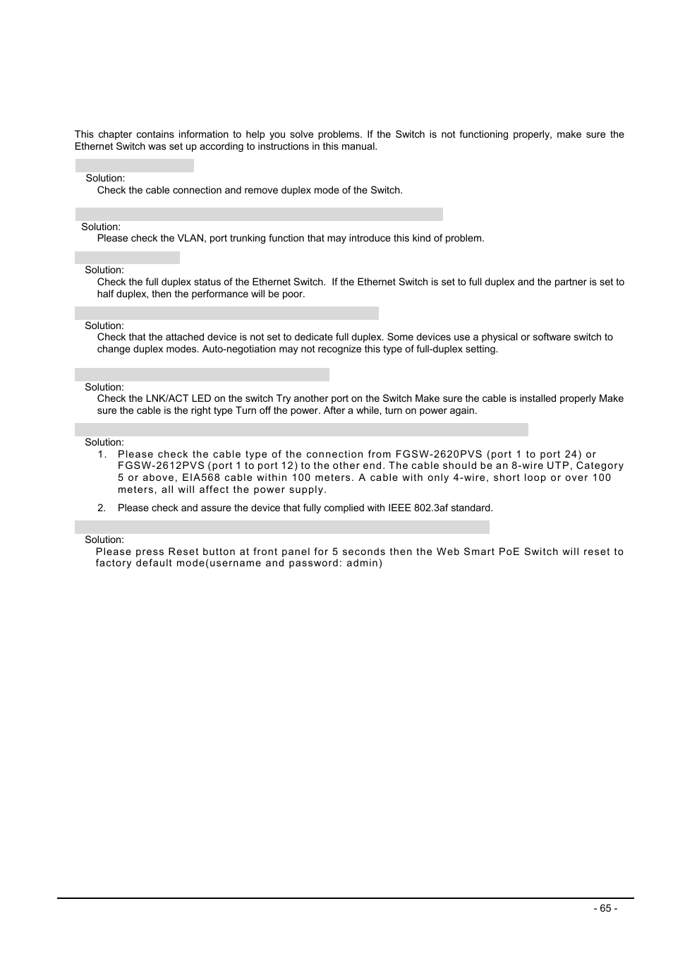 Troubleshooting | Planet Technology FGSW-2612PVS User Manual | Page 65 / 67