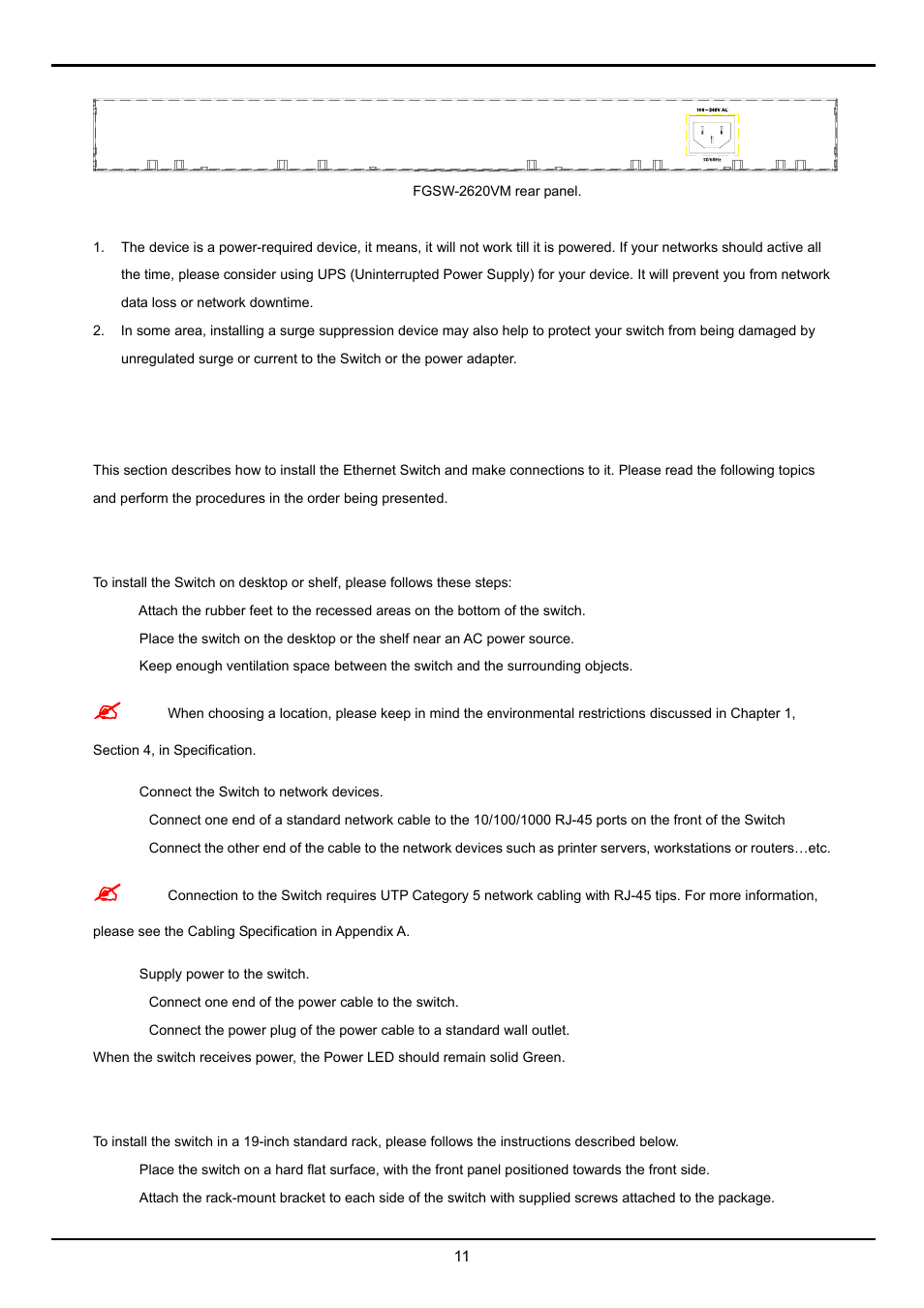 2 install the switch, 1 desktop installation, 2 rack mounting | Planet Technology FGSW-2620VM User Manual | Page 11 / 73