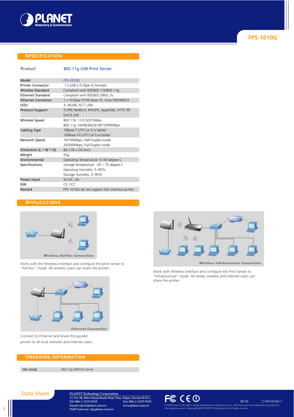 Fps-1010g, 11g usb print server product | Planet Technology FPS-1010G User Manual | Page 2 / 2