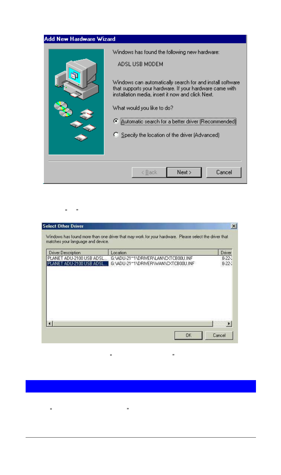 Driver installation with windows 2000 | Planet Technology USB ADSL Modem ADU-2120 User Manual | Page 10 / 26