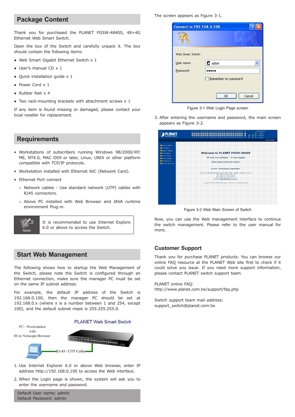 Package content, Requirements, Start web management | Customer support | Planet Technology FGSW-4840S User Manual | Page 2 / 2