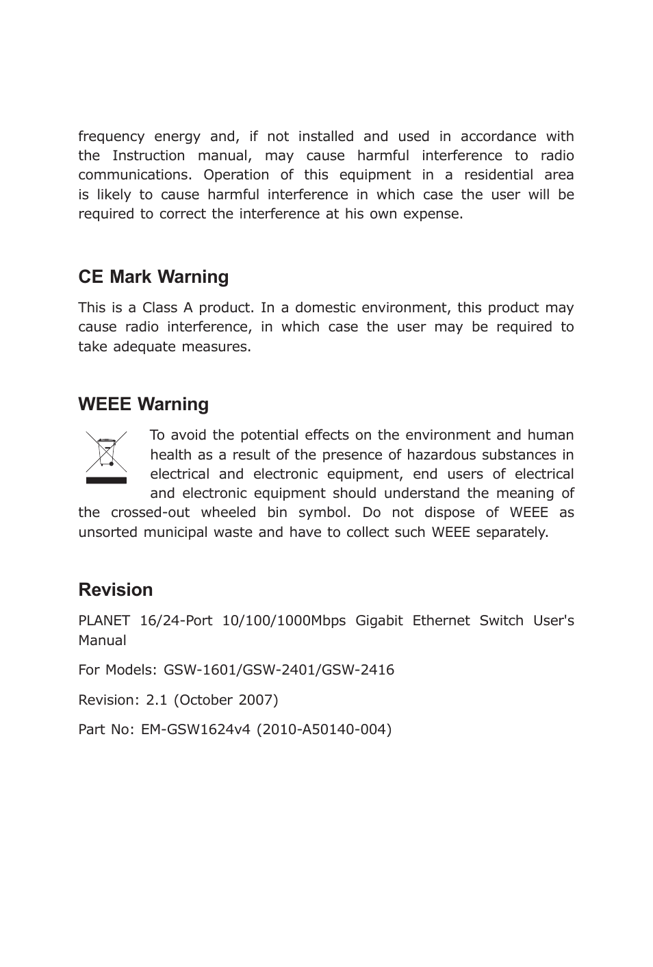 Ce mark warning, Weee warning, Revision | Planet Technology GSW-2416 User Manual | Page 4 / 26