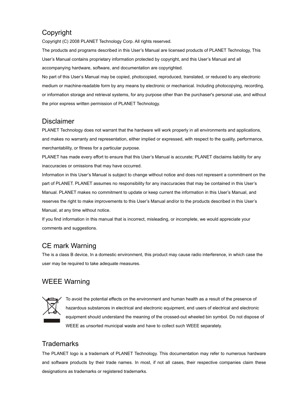 Copyright, Disclaimer, Ce mark warning | Weee warning, Trademarks | Planet Technology Internet Telephony PBX System IPX-1900 User Manual | Page 2 / 82