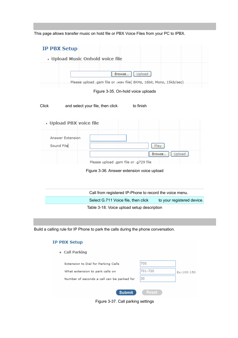 Upload voice file, Call parking | Planet Technology Internet Telephony PBX System IPX-1900 User Manual | Page 34 / 82