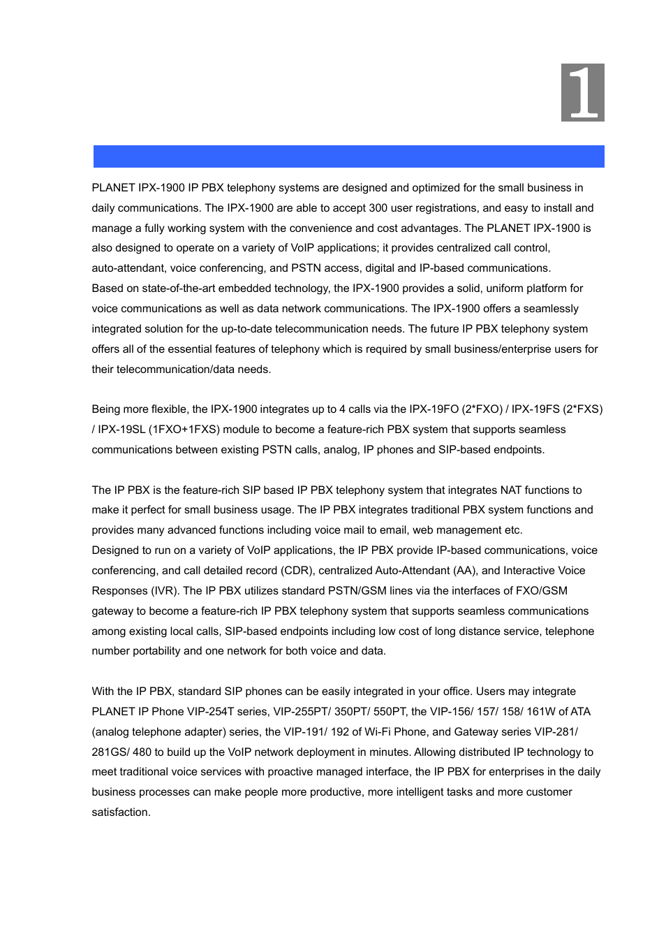 Chapter 1 introduction, Overview, Chapter 1 | Introduction | Planet Technology Internet Telephony PBX System IPX-1900 User Manual | Page 6 / 82