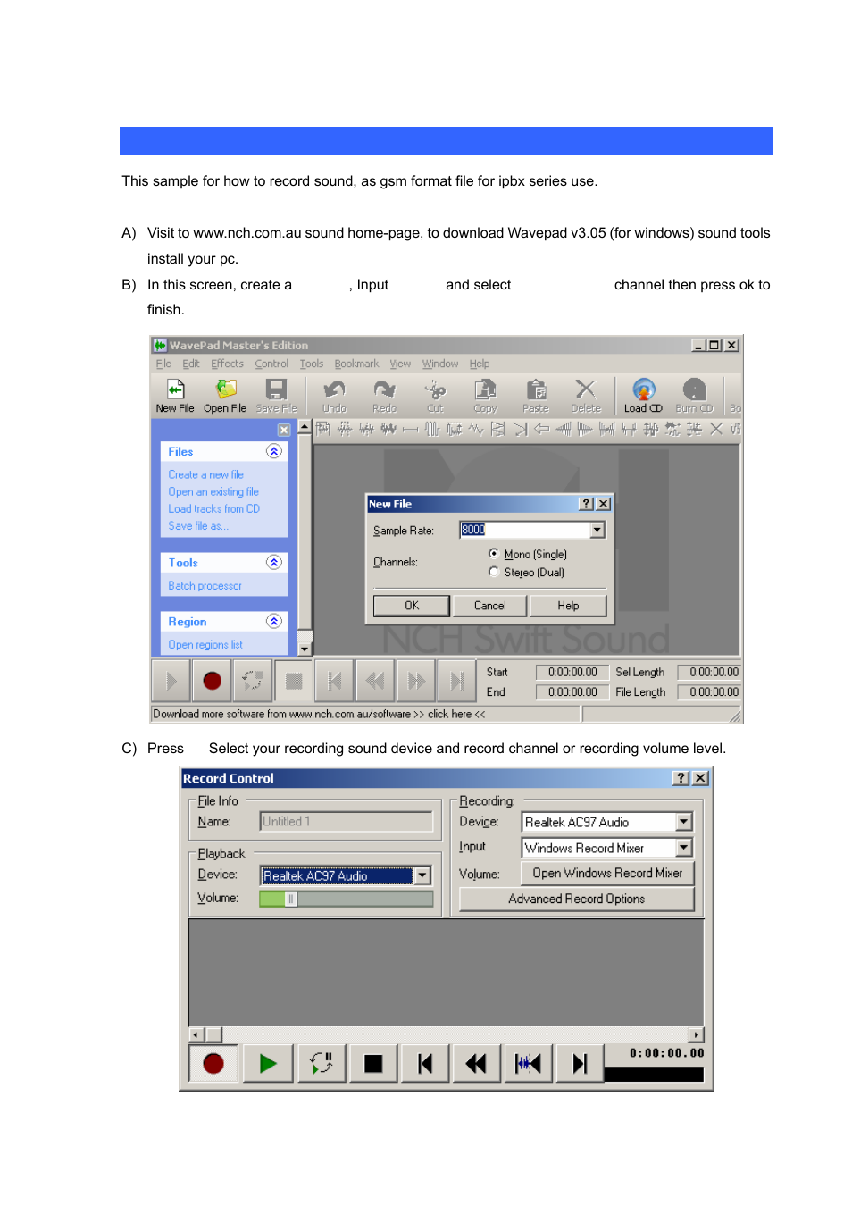 Appendix c, Record sound sample | Planet Technology Internet Telephony PBX System IPX-1900 User Manual | Page 66 / 82