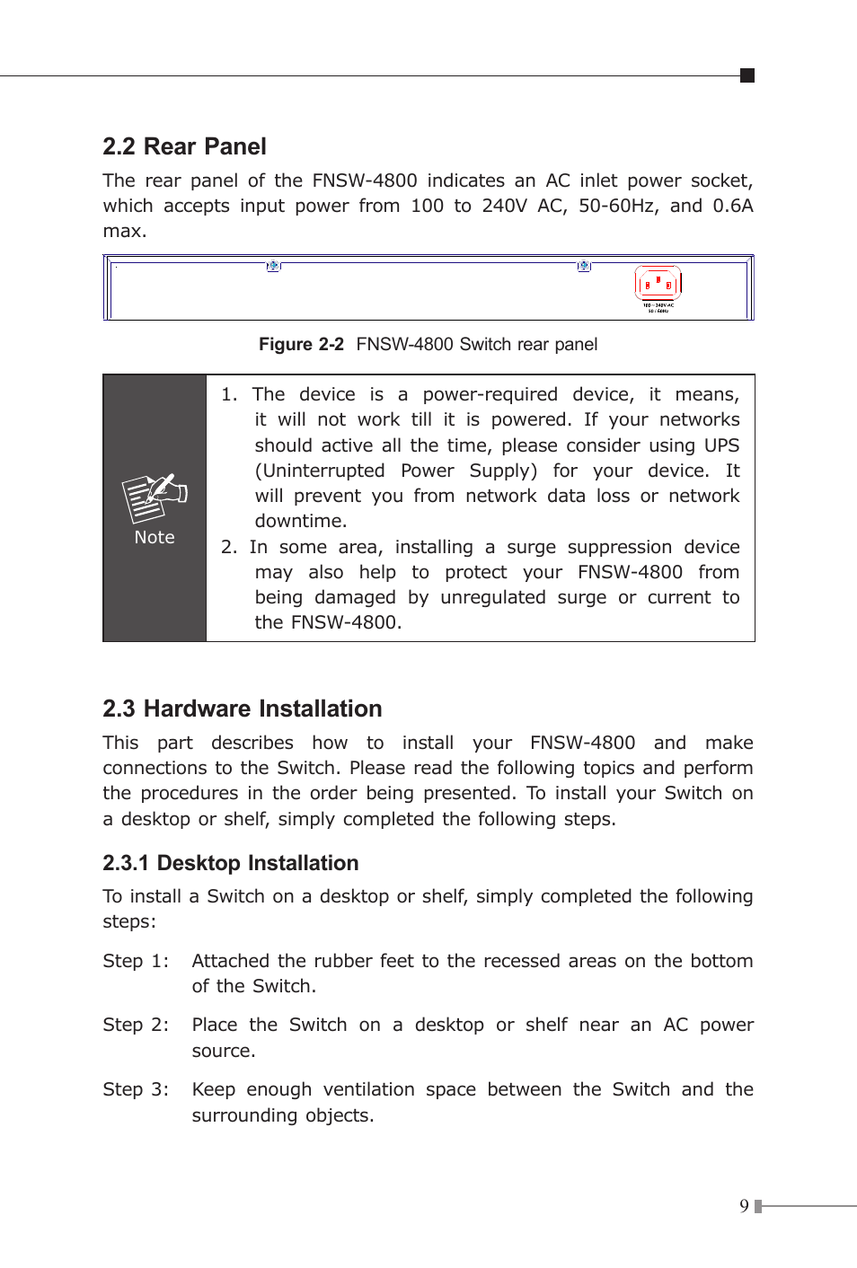 2 rear panel, 3 hardware installation | Planet Technology FNSW-4800v2 User Manual | Page 10 / 18