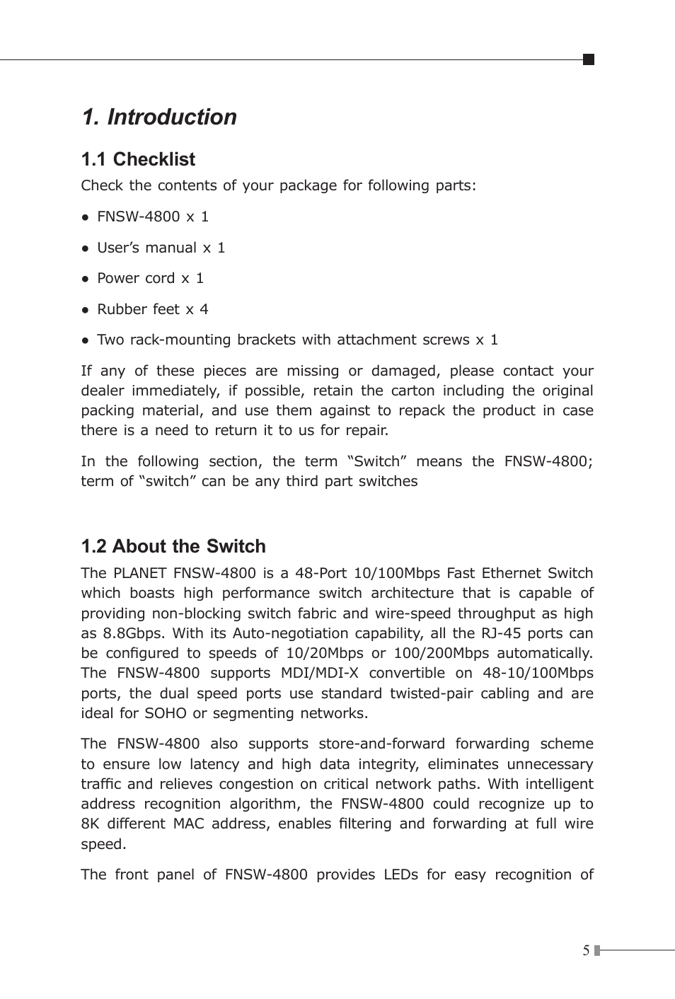 Introduction, 1 checklist, 2 about the switch | Planet Technology FNSW-4800v2 User Manual | Page 6 / 18