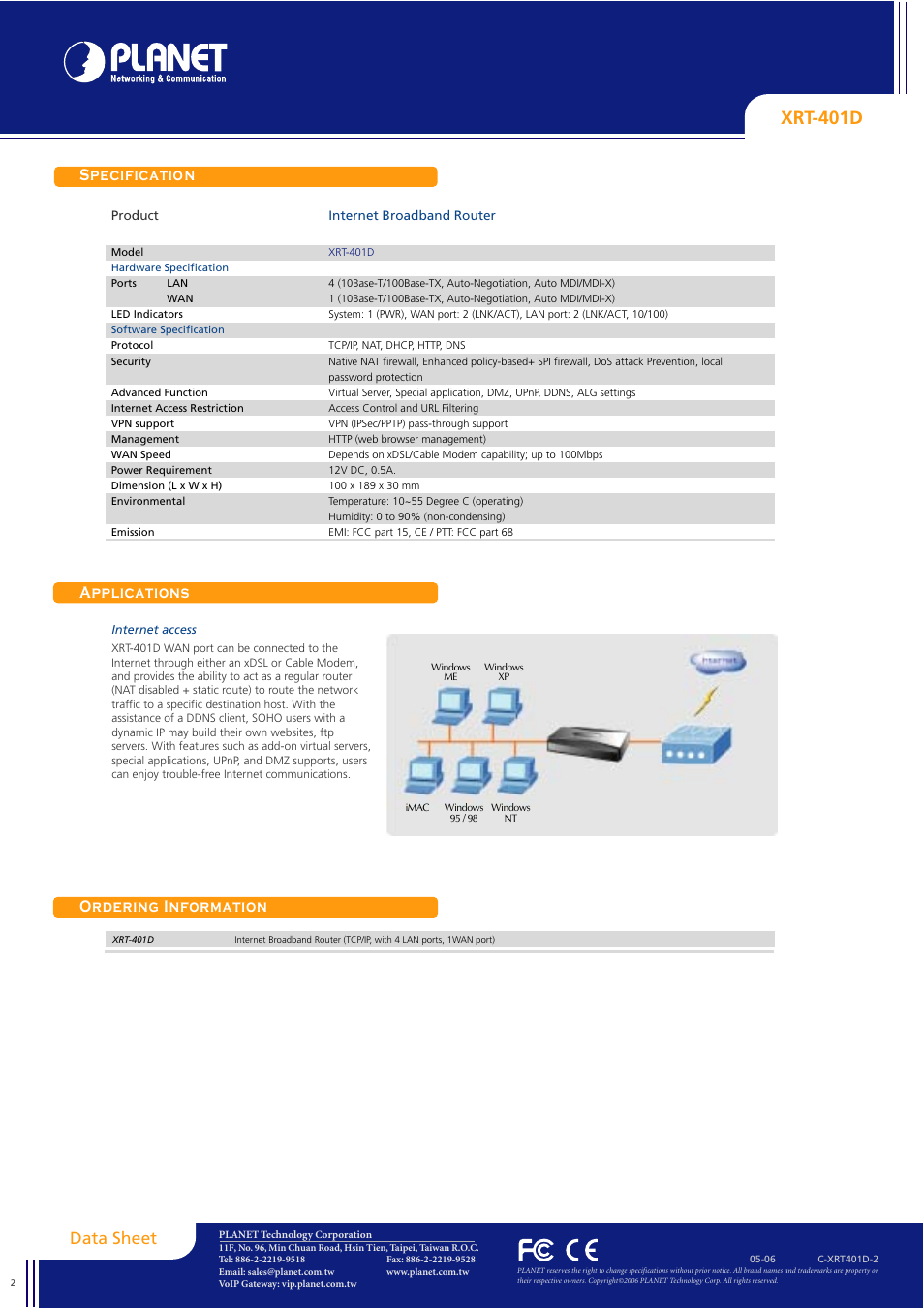 Xrt-401d, Specification applications ordering information, Data sheet | Planet Technology XRT-401D User Manual | Page 2 / 2