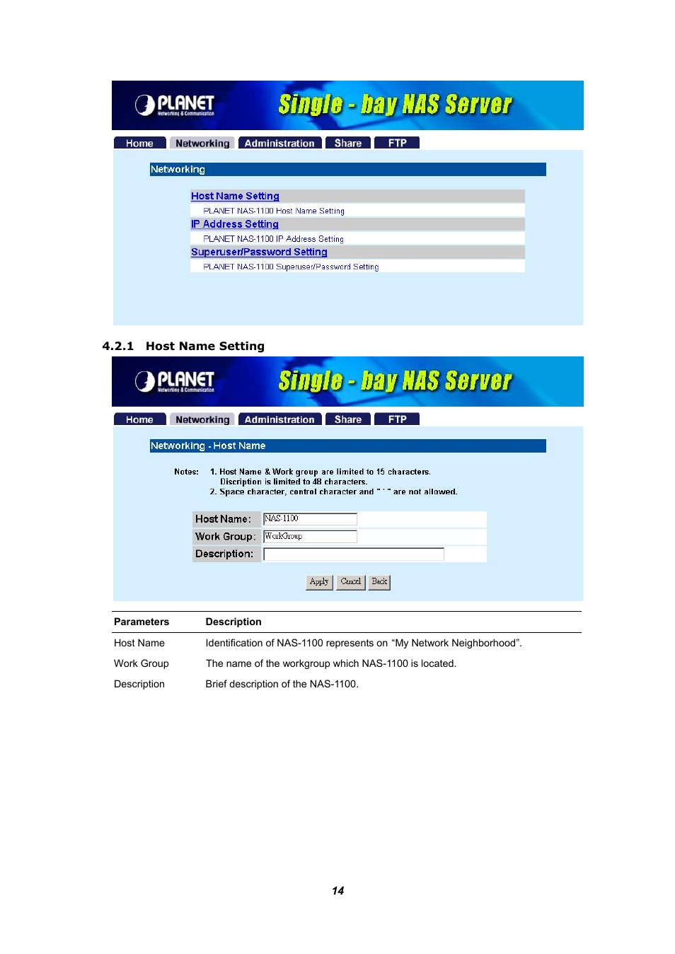 1 host name setting | Planet Technology NAS-1100 User Manual | Page 18 / 36