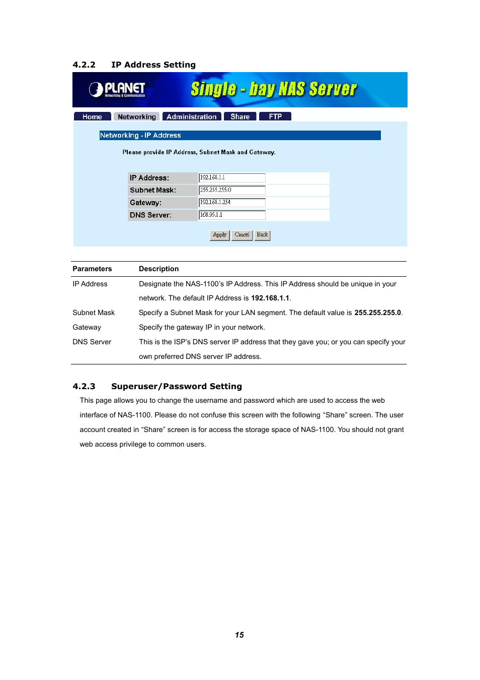 2 ip address setting, 3 superuser/password setting | Planet Technology NAS-1100 User Manual | Page 19 / 36