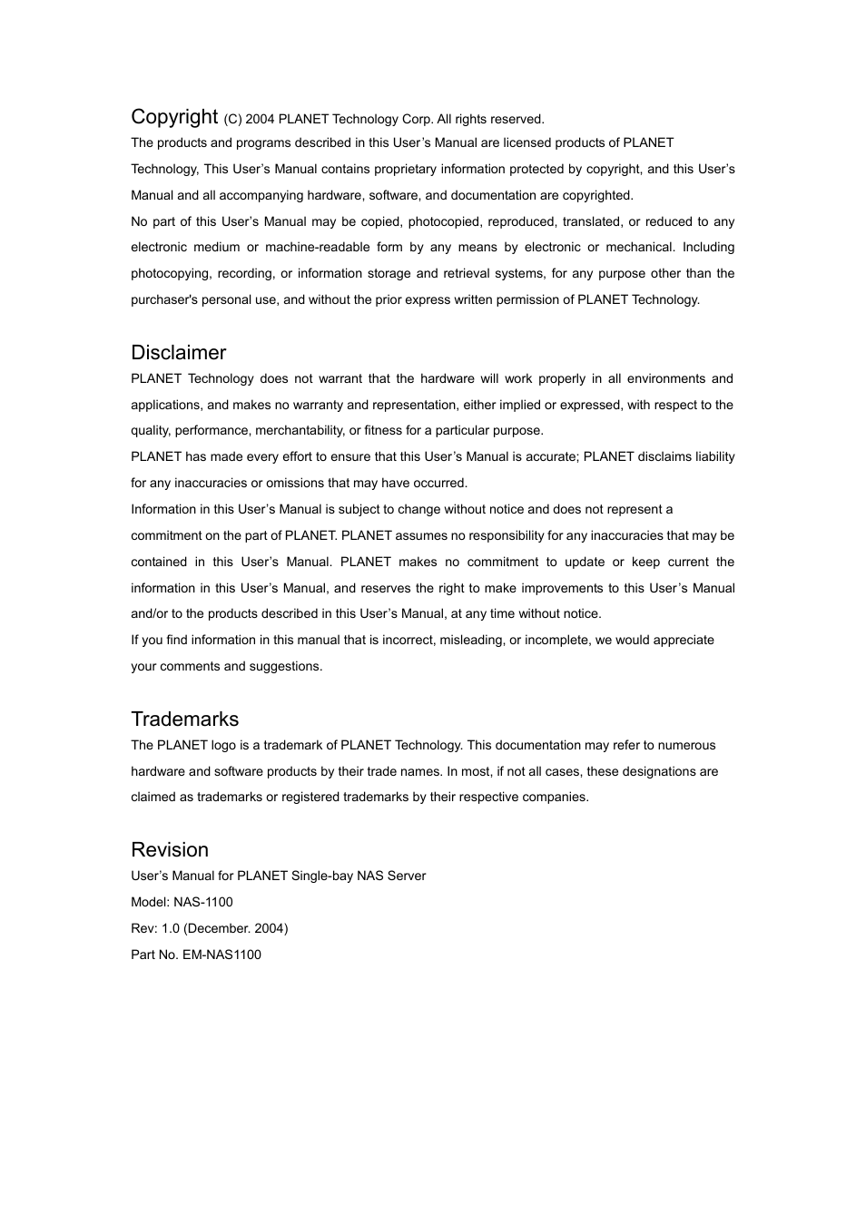 Copyright, Disclaimer, Trademarks | Revision | Planet Technology NAS-1100 User Manual | Page 2 / 36