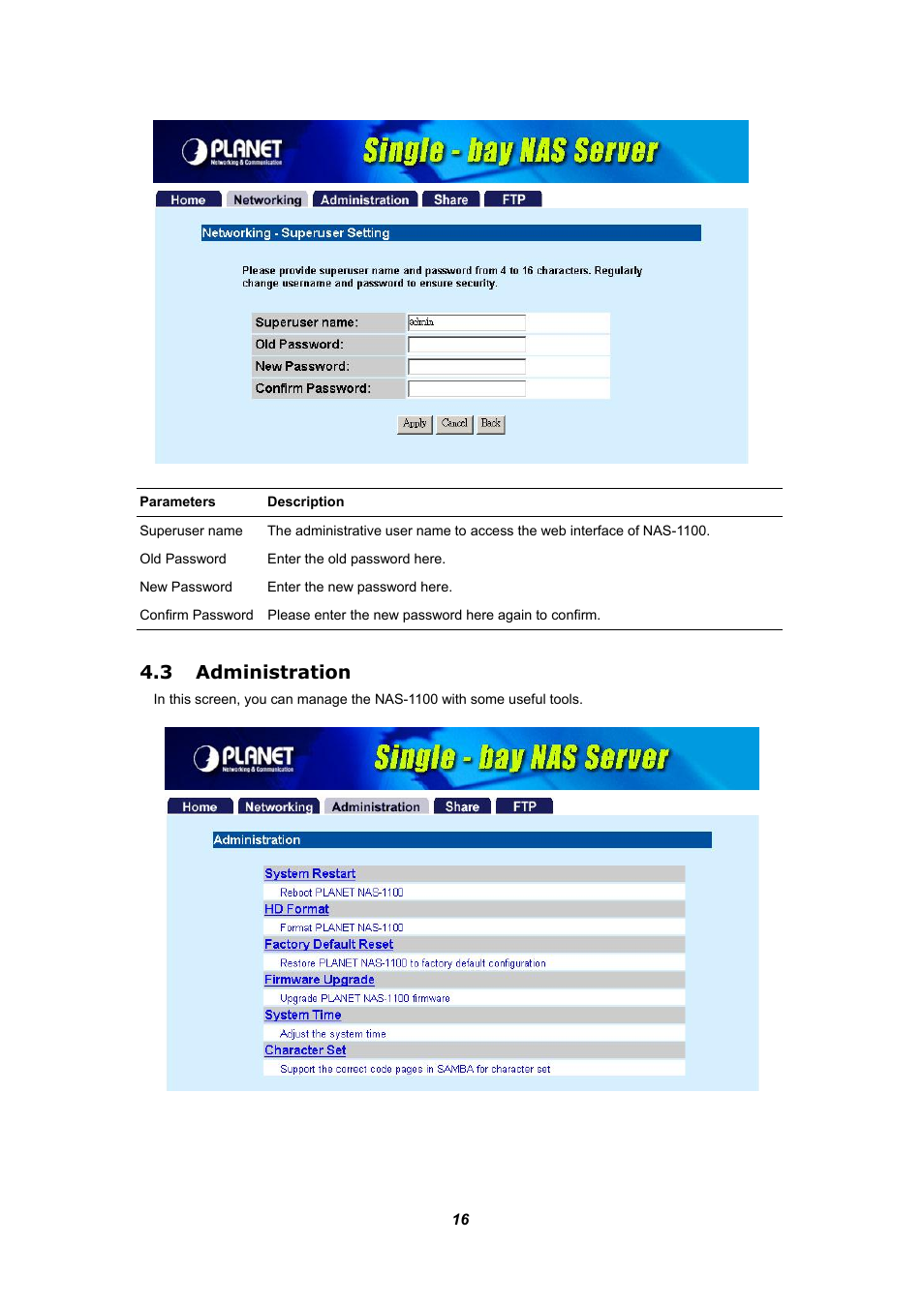 3 administration | Planet Technology NAS-1100 User Manual | Page 20 / 36