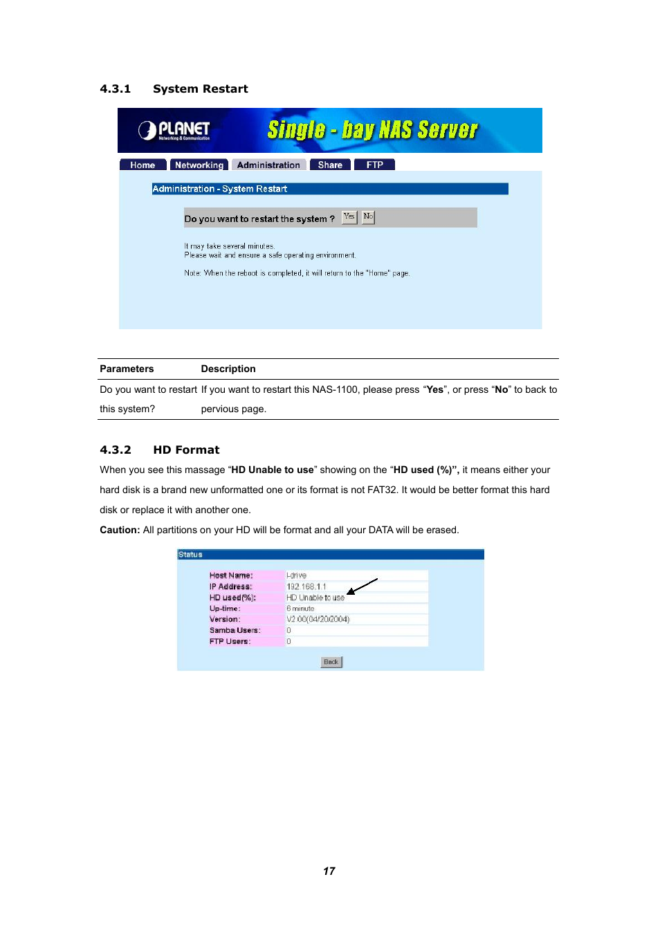 1 system restart, 2 hd format | Planet Technology NAS-1100 User Manual | Page 21 / 36