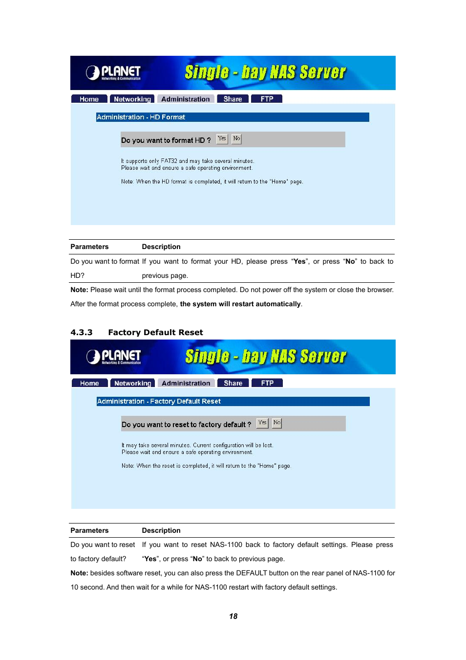 3 factory default reset | Planet Technology NAS-1100 User Manual | Page 22 / 36