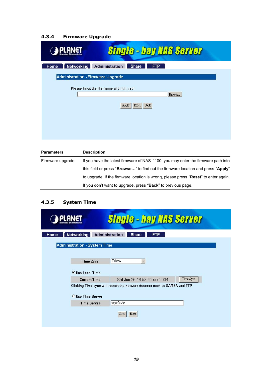 4 firmware upgrade, 5 system time | Planet Technology NAS-1100 User Manual | Page 23 / 36