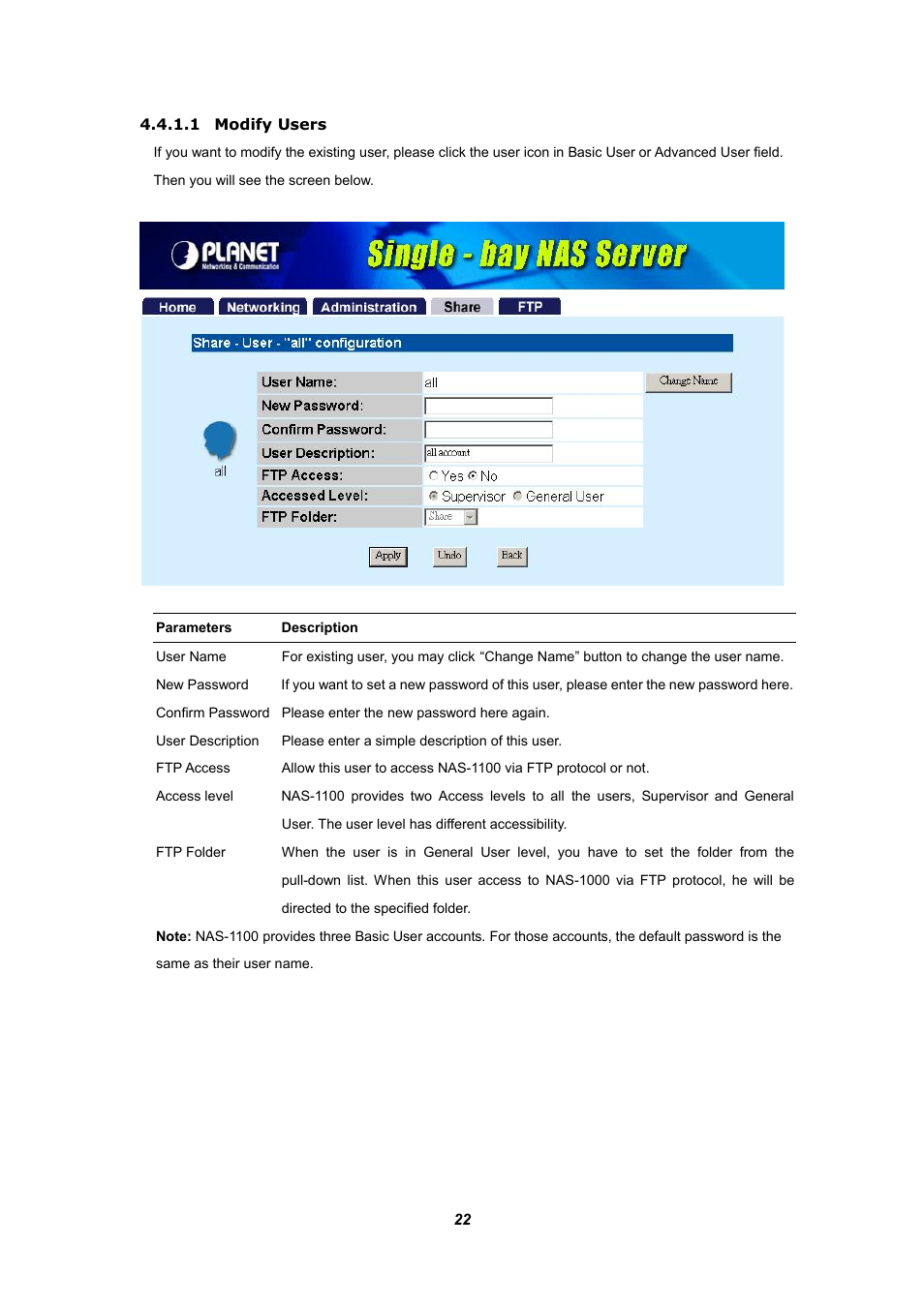 1 modify users | Planet Technology NAS-1100 User Manual | Page 26 / 36