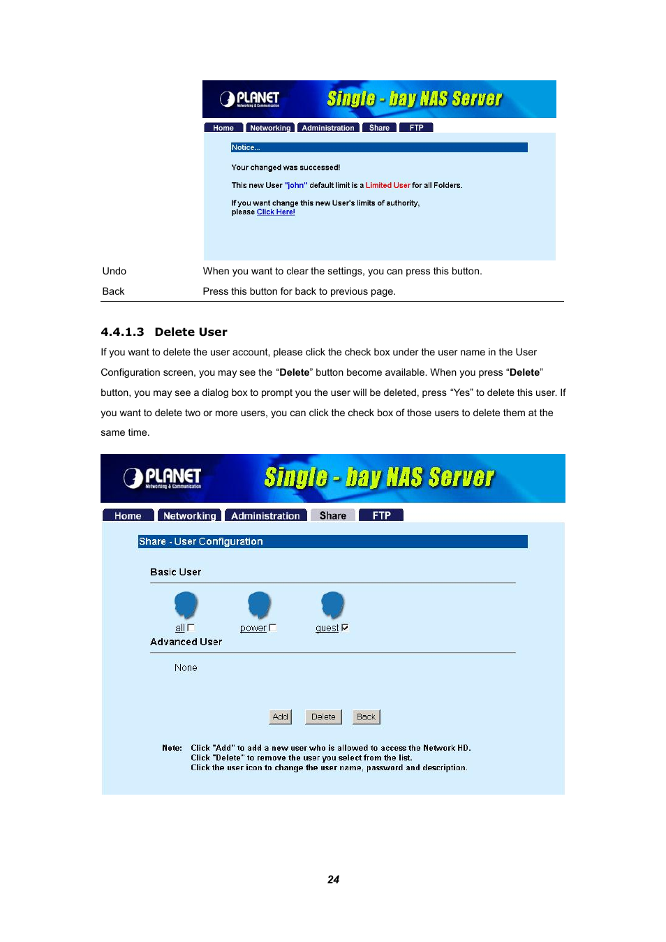 3 delete user | Planet Technology NAS-1100 User Manual | Page 28 / 36