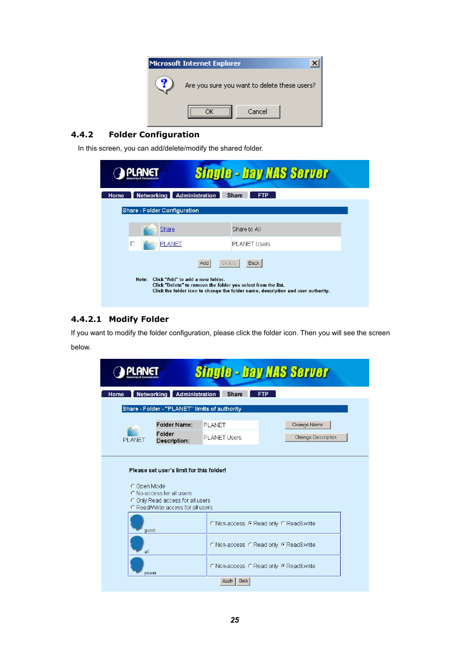 2 folder configuration, 1 modify folder | Planet Technology NAS-1100 User Manual | Page 29 / 36