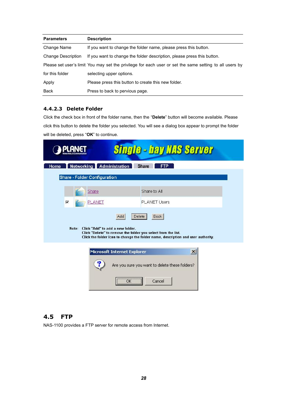 3 delete folder, 5 ftp | Planet Technology NAS-1100 User Manual | Page 32 / 36