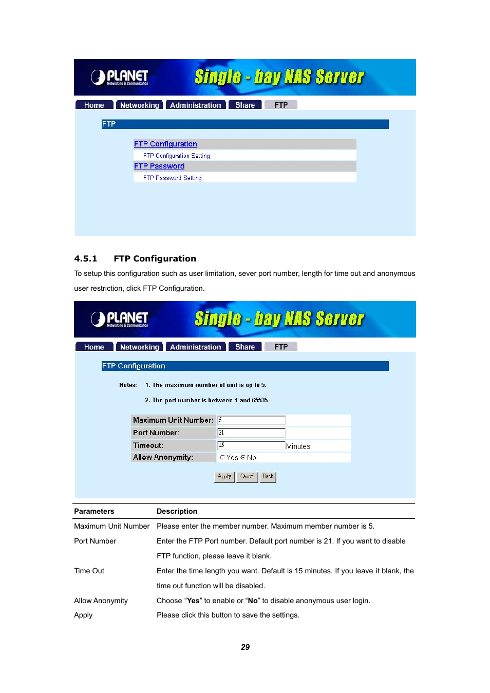 1 ftp configuration | Planet Technology NAS-1100 User Manual | Page 33 / 36