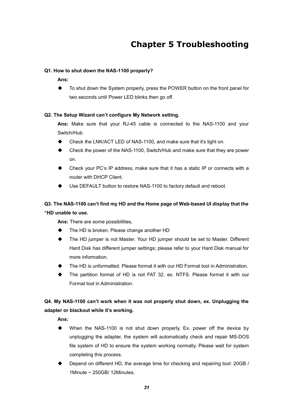 Chapter 5 troubleshooting | Planet Technology NAS-1100 User Manual | Page 35 / 36