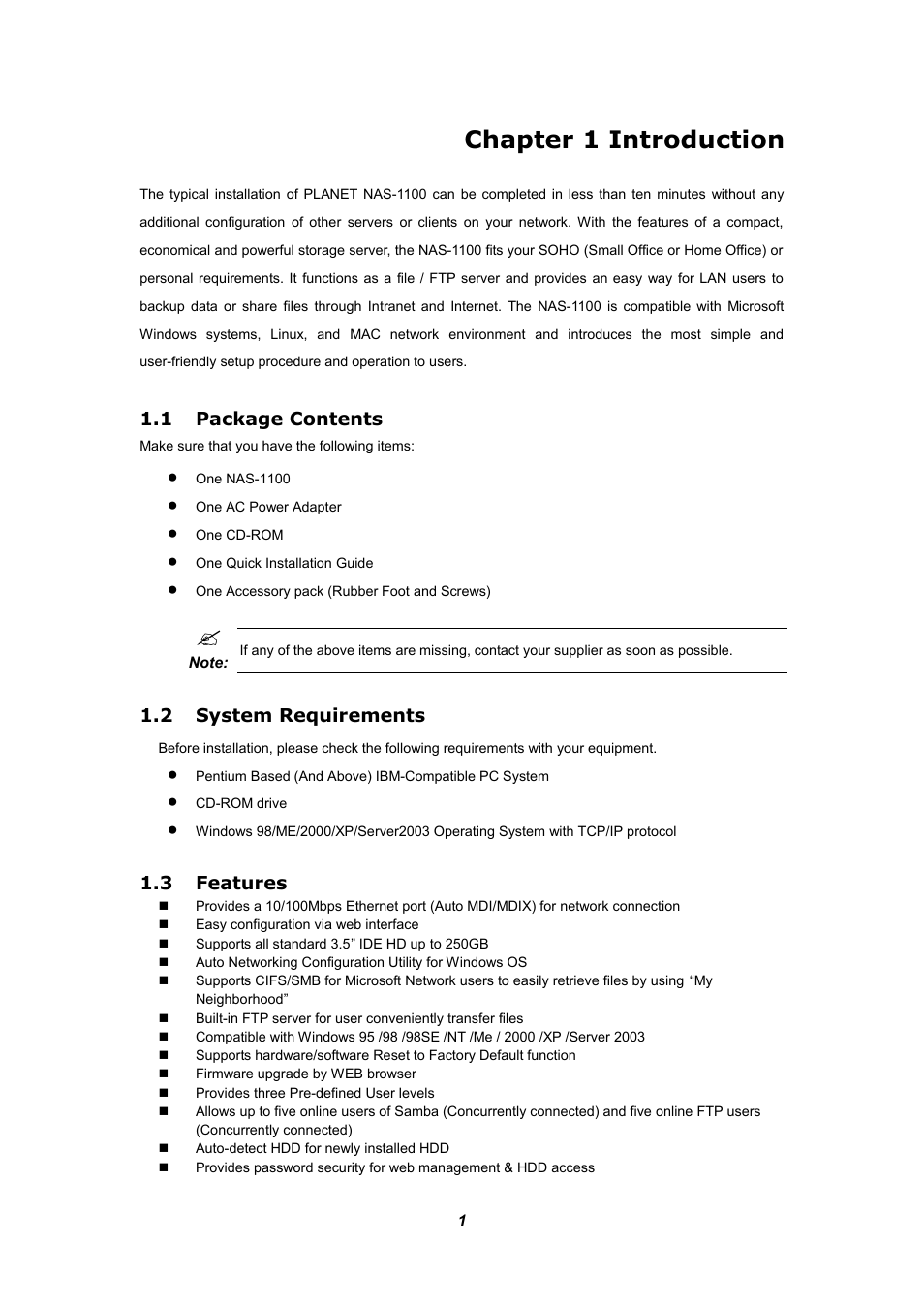 Chapter 1 introduction, 1 package contents, 2 system requirements | 3 features | Planet Technology NAS-1100 User Manual | Page 5 / 36